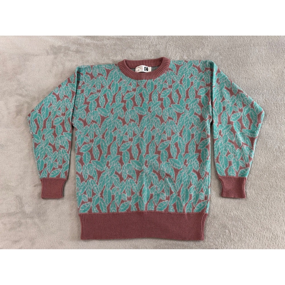 RARE Vintage 80s Clearwater Knit Jacquard Crewneck Sweater Teal Pink Geometric M